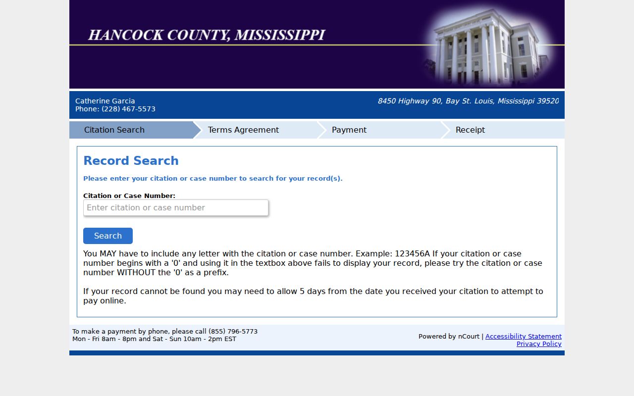 Hancock County case lookup through the Justice Court nCourt citation or case number search