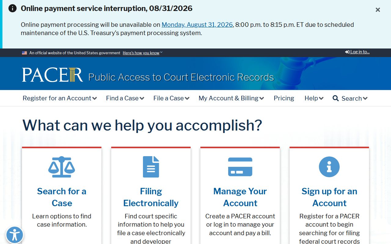 Hancock County case lookup federal route shown on the official PACER access page