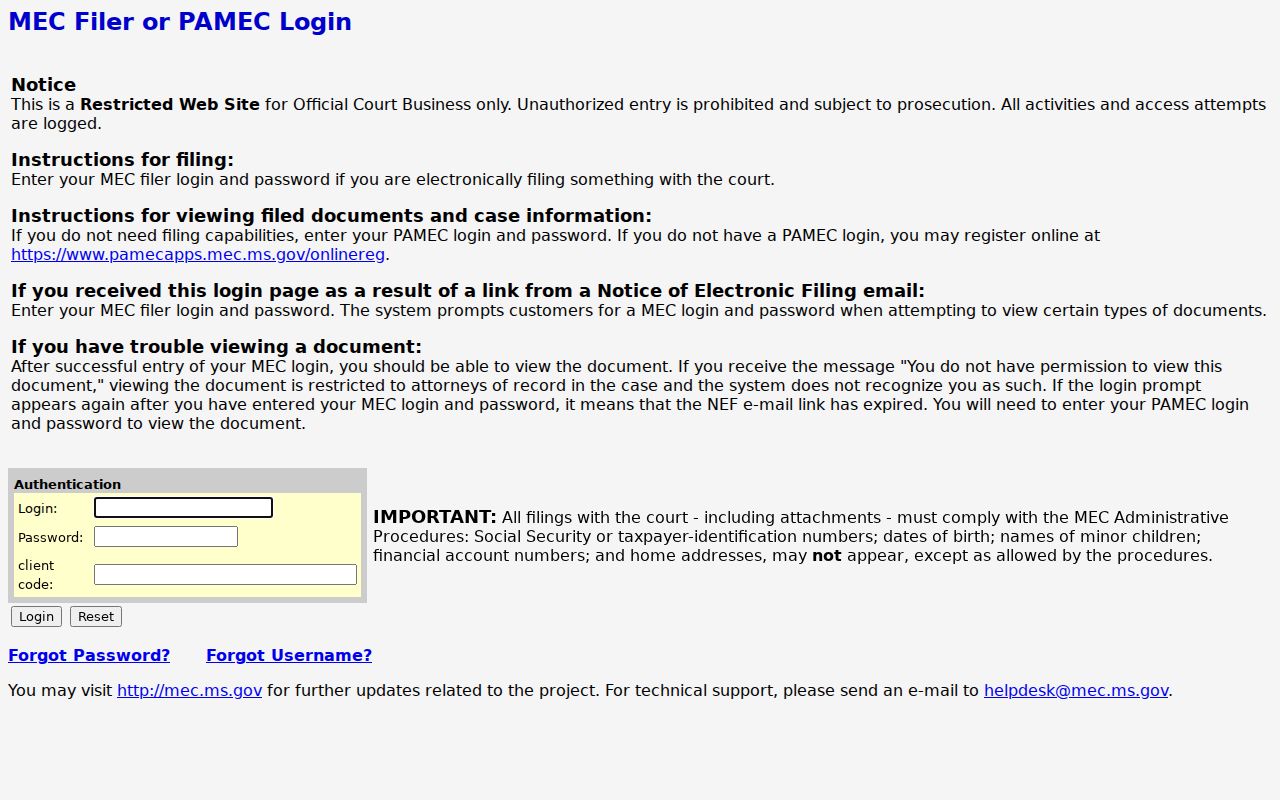 Hancock County civil docket report access through the Eighth Chancery MEC route