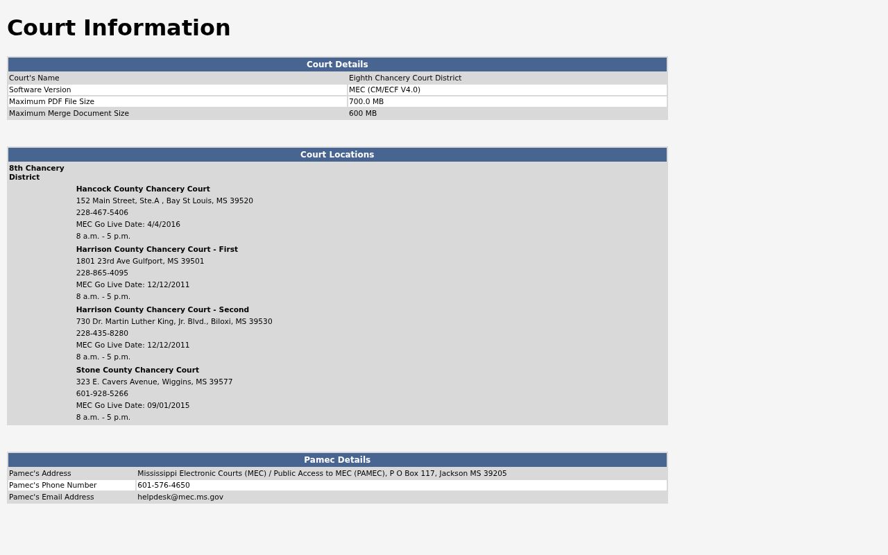 Hancock County civil docket court information on the Eighth Chancery MEC page