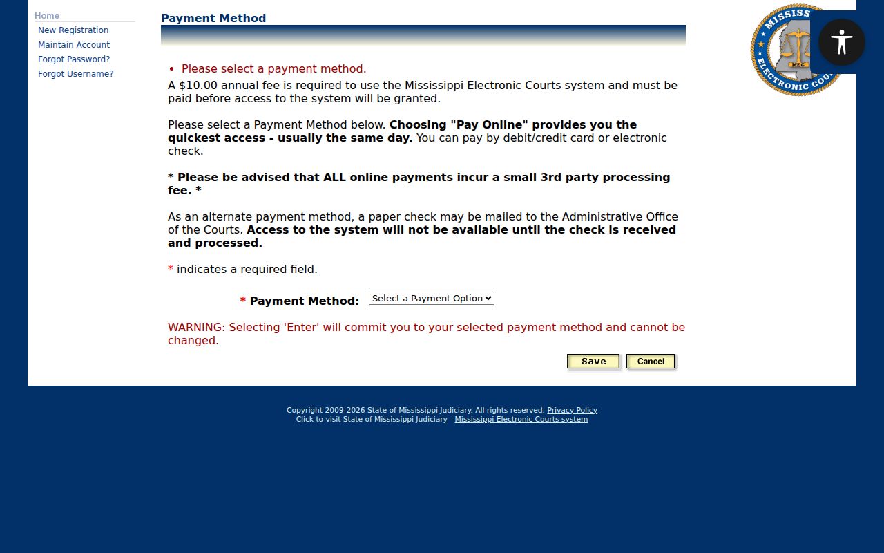 Hancock County civil docket PAMEC payment method information