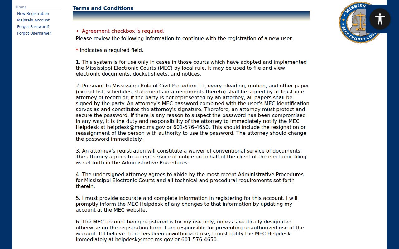 Hancock County civil docket remote-access terms displayed through PAMEC