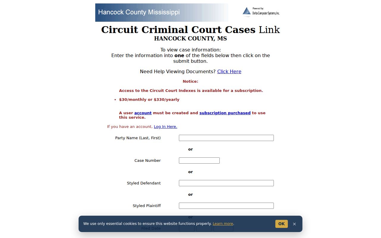 Hancock County criminal docket search form in the Delta Circuit Court index